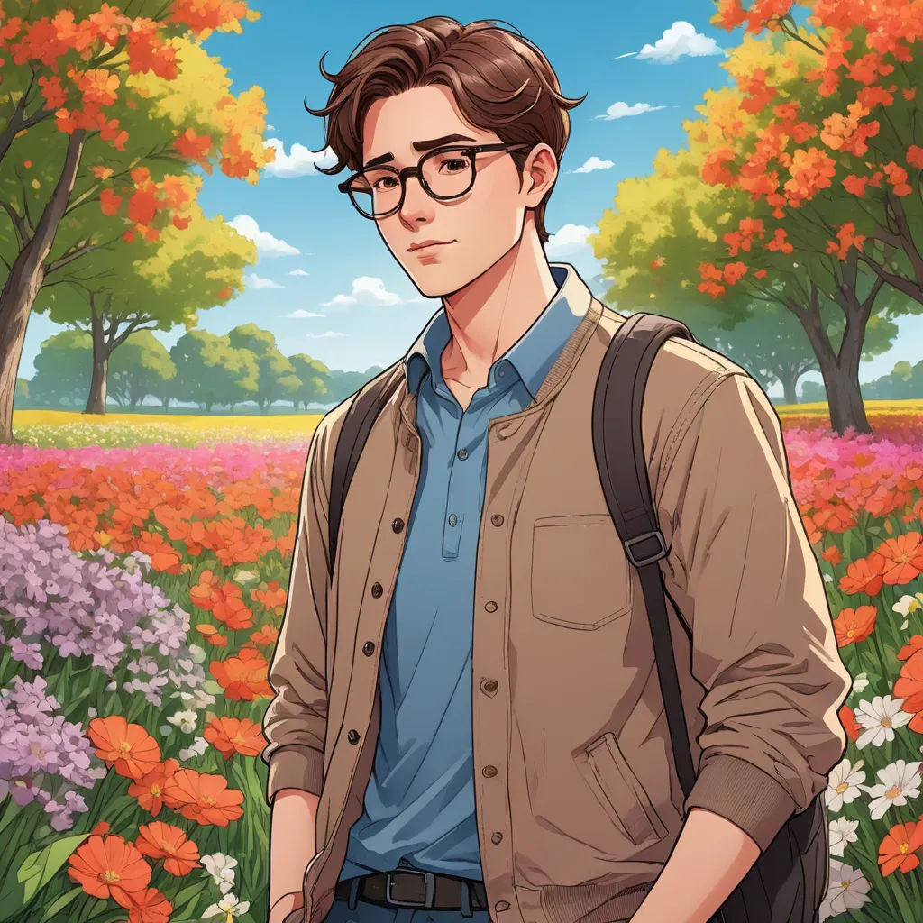 a man with glasses standing in a field of flowers and trees in the background, with a backpack on his shoulder, aestheticism, a character portrait, Cedric Seaut (Keos Masons), official art