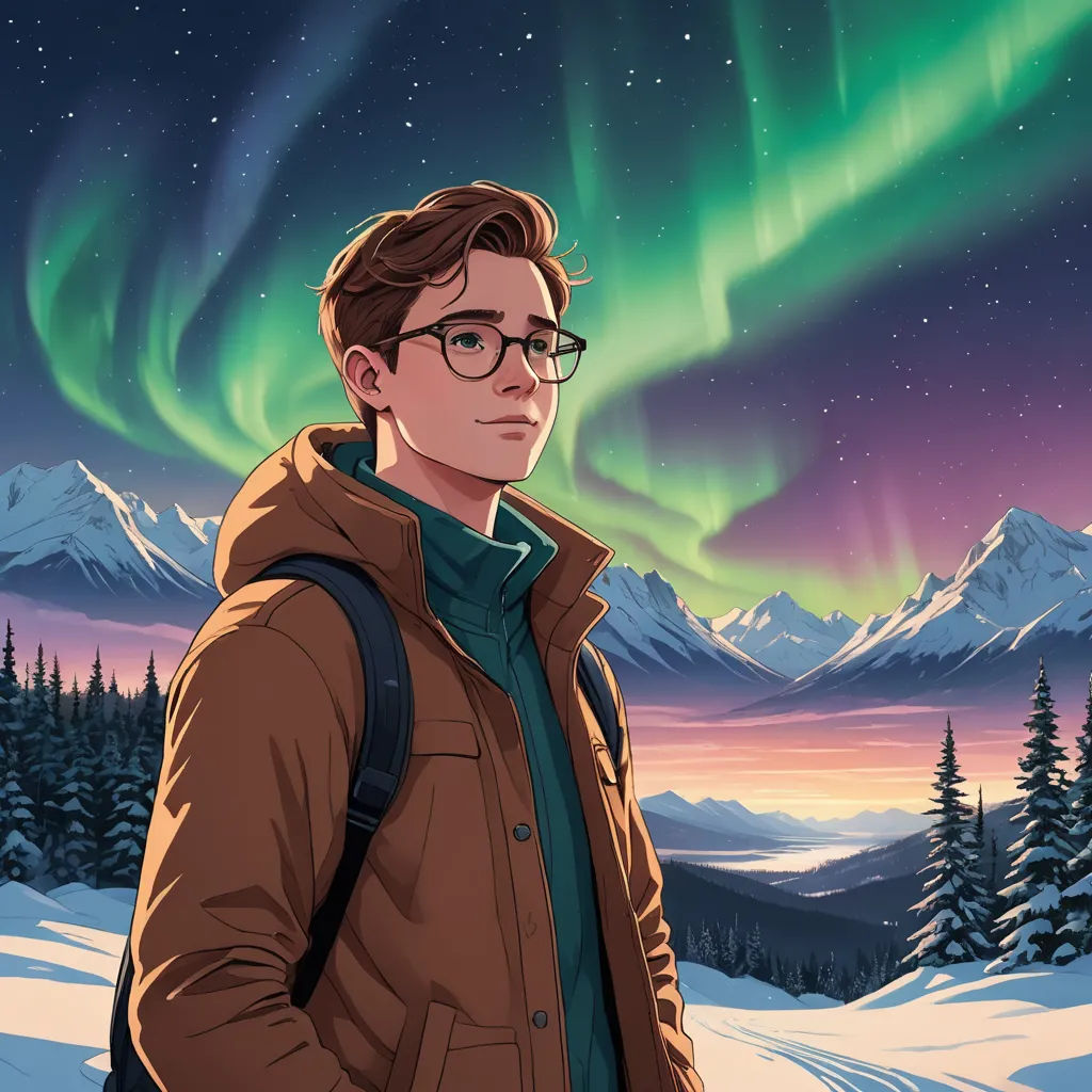 a man in a brown jacket and glasses standing in front of a mountain with a green aurora light in the background, sots art, a character portrait, Dan Mumford, rossdraws global illumination