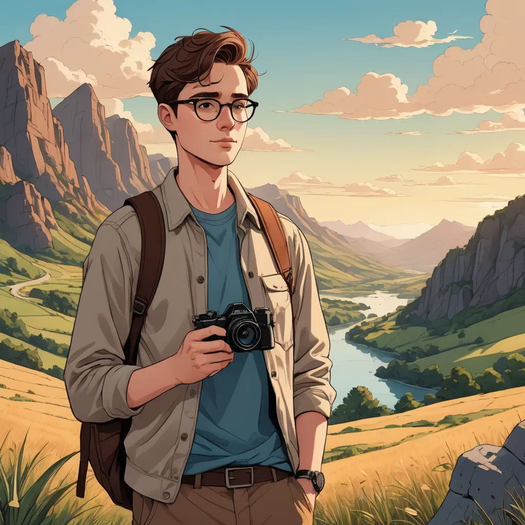 a man with a camera standing in a field with mountains in the background and a river running through the valley, american scene painting, a character portrait, Atey Ghailan, official art