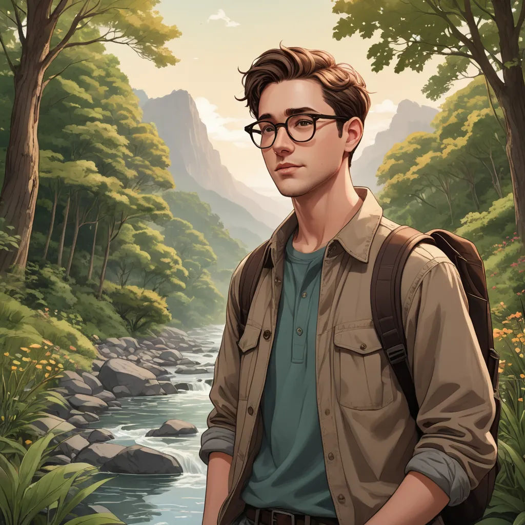 a man with glasses standing in front of a river and mountains with trees and flowers on it, in a painting style, sots art, a character portrait, Cedric Seaut (Keos Masons), official art