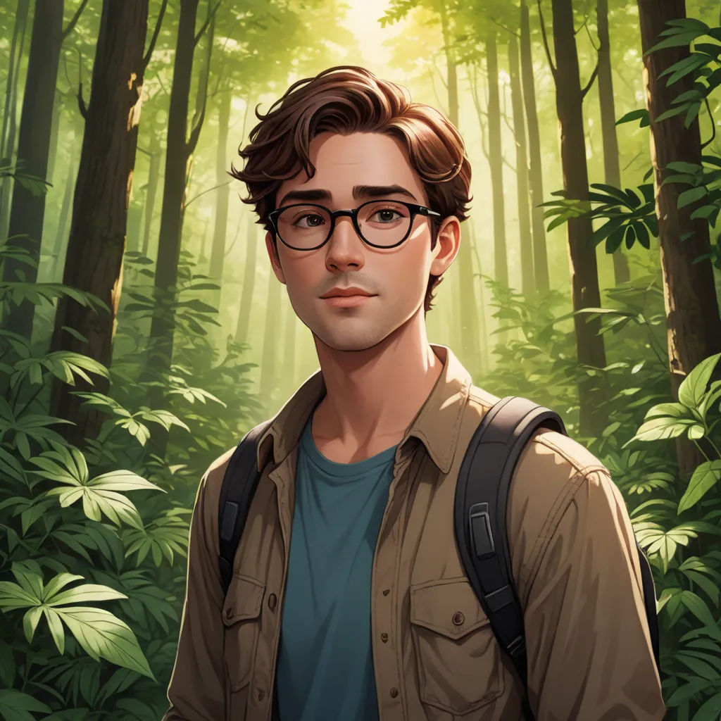 a man with glasses standing in a forest with trees and plants behind him, looking at the camera with a serious look on his face, sots art, a character portrait, Cedric Seaut (Keos Masons), character portrait
