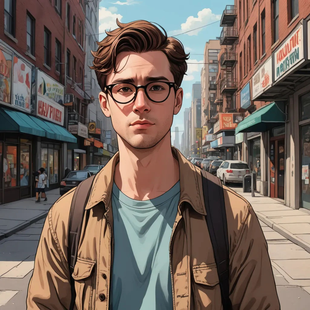 a man with glasses standing on a city street in front of a store front with a backpack on his shoulder, photorealism, a character portrait, Anthony Palumbo, ultra realistic digital art