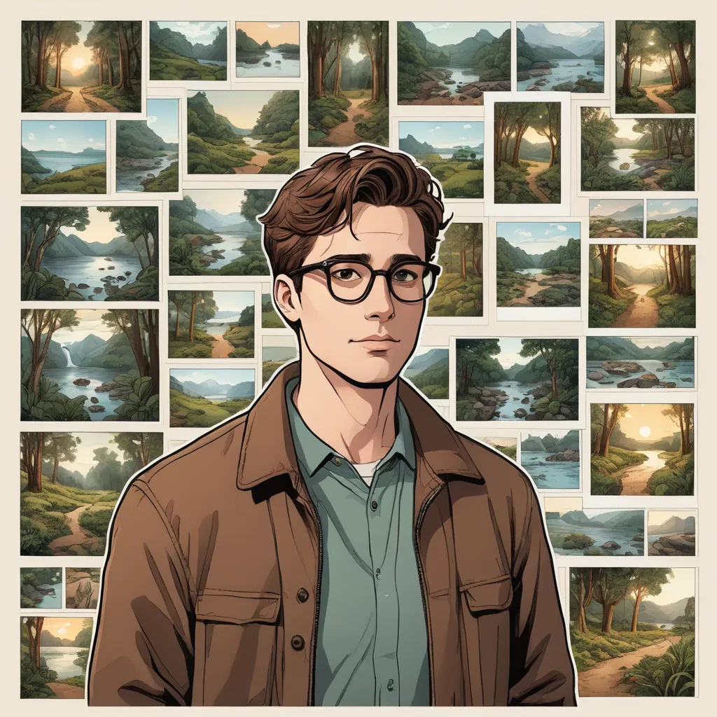 a man with glasses standing in front of a wall of pictures of trees and water with a sun setting, serial art, a character portrait, artist, key art