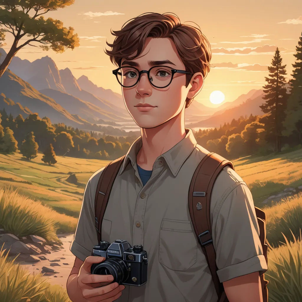a man with glasses holding a camera in front of a painting of a mountain landscape with a sunset behind him, sots art, a character portrait, Cedric Seaut (Keos Masons), rossdraws global illumination