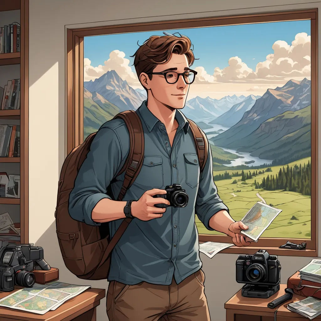 a man holding a camera and a map in front of a window with a mountain view behind him and a book on a desk, photorealism, a character portrait, Evan Charlton, rossdraws global illumination