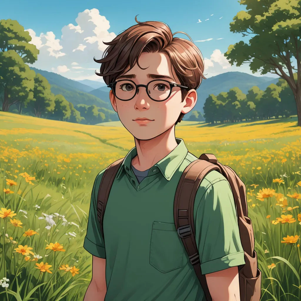 a man with glasses standing in a field of flowers and trees in the background, with a backpack on his shoulder, serial art, a character portrait, David Park, rossdraws global illumination