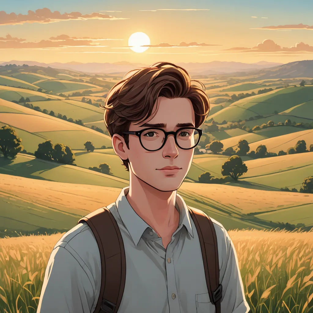a man with glasses standing in a field of grass with the sun setting behind him and a field of crops, serial art, a character portrait, Cedric Seaut (Keos Masons), rossdraws global illumination