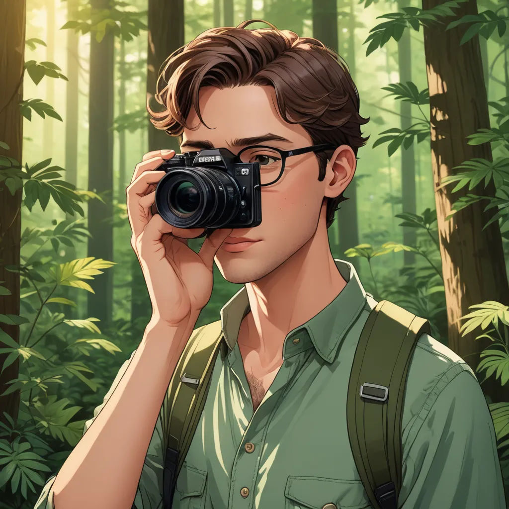 a man taking a picture of himself with a camera in a forest with trees and plants behind him,, sots art, a character portrait, Cedric Seaut (Keos Masons), rossdraws global illumination