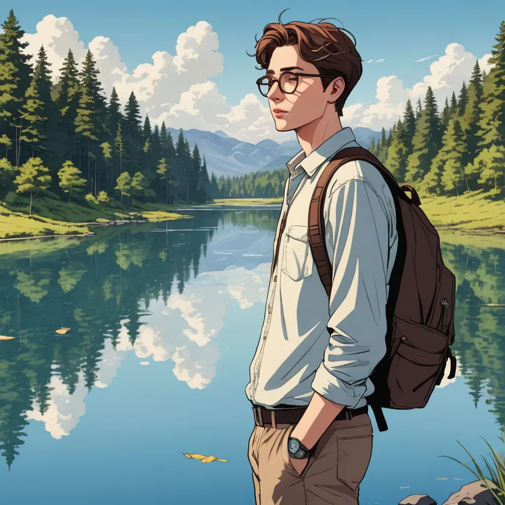 a man with a backpack standing in front of a lake with mountains and trees in the background, with a reflection of the water, serial art, poster art, Atey Ghailan, anime visual