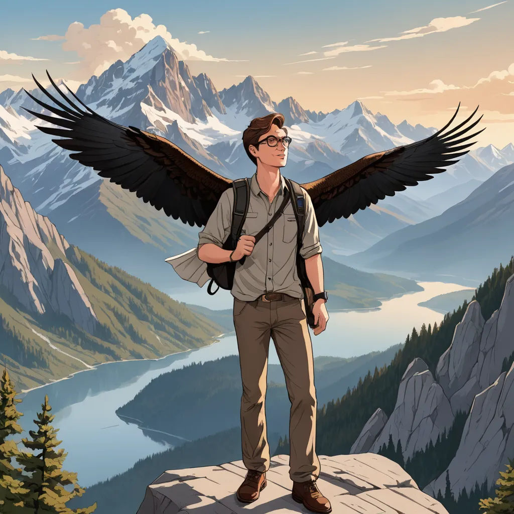 a man with a backpack and a large bird on his shoulder standing on a cliff with mountains in the background, naturalism, a character portrait, Evan Charlton, promotional image