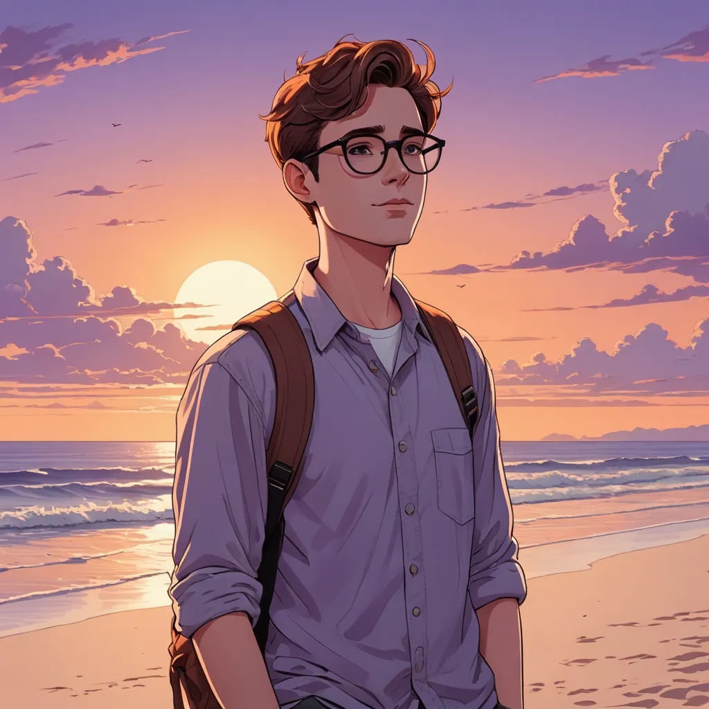 a man with glasses standing on a beach at sunset with the sun in the background and clouds in the sky, serial art, a comic book panel, Asaf Hanuka, rossdraws global illumination