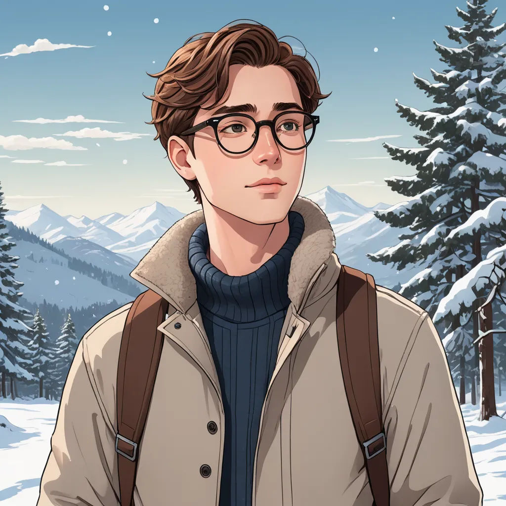 a man with glasses and a backpack standing in the snow in front of a mountain range with snow on it, sots art, a character portrait, Cedric Seaut (Keos Masons), kinkade