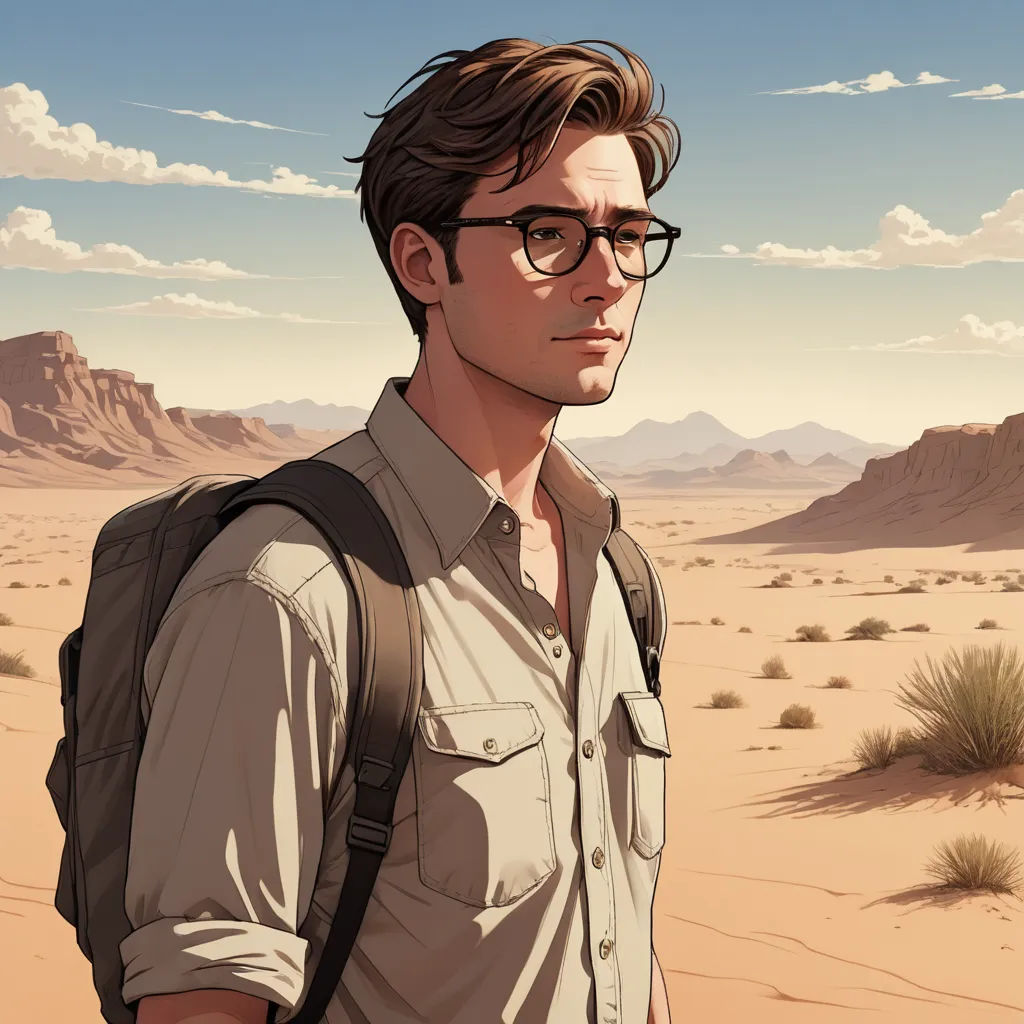 a man with glasses standing in the desert with a desert background and mountains in the distance, with a sky background, serial art, a character portrait, Cedric Seaut (Keos Masons), desert