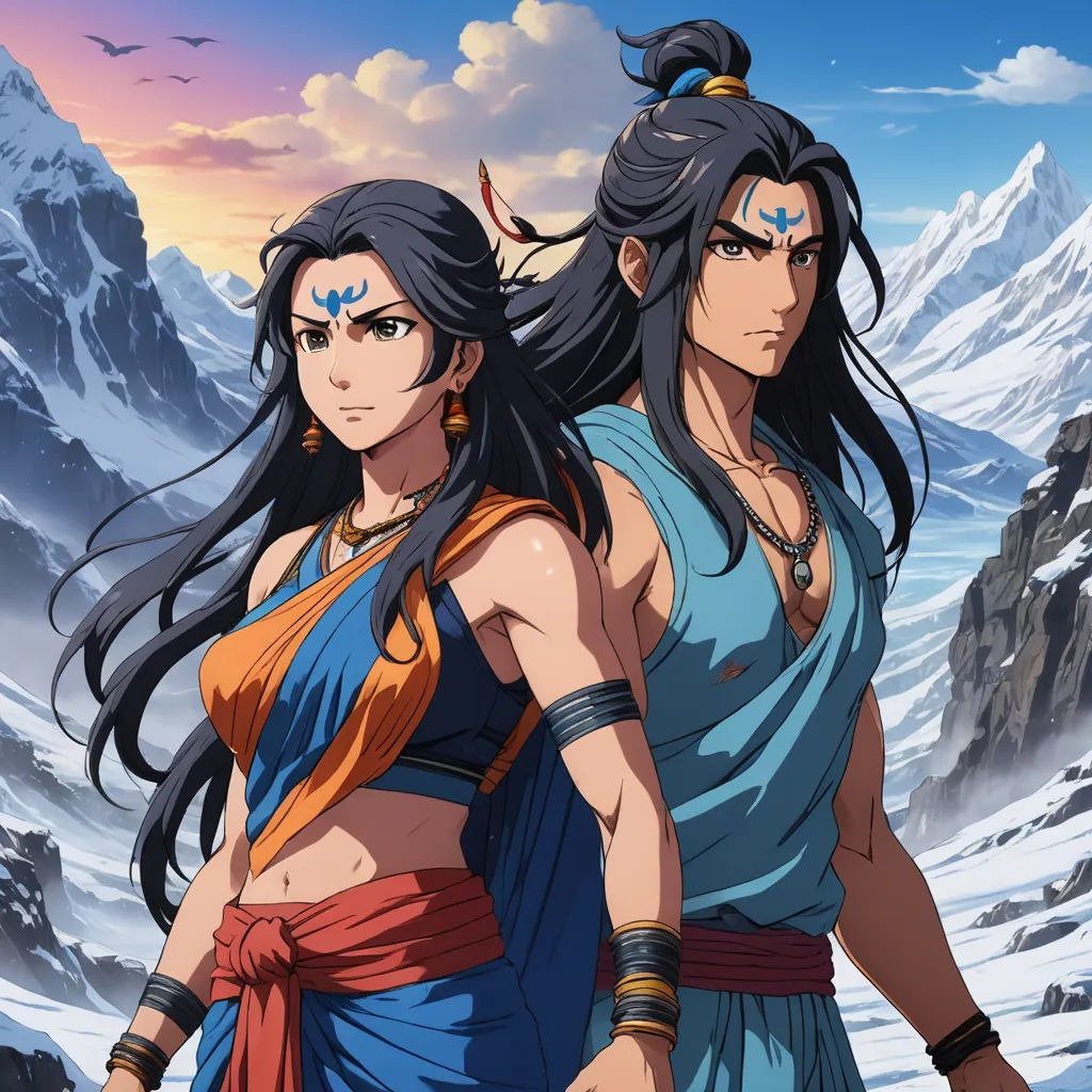 two women in ancient clothing standing in front of a mountain range with snow on it and a sky background, sots art, concept art, Baiōken Eishun, official art