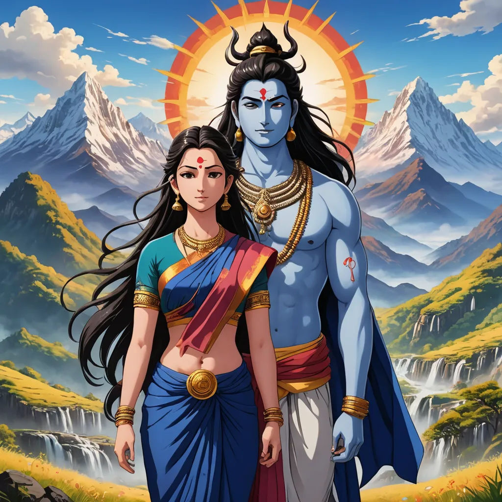a painting of a man and woman in front of a mountain landscape with a sun above them and a waterfall, bengal school of art, a painting, Ella Guru, official art
