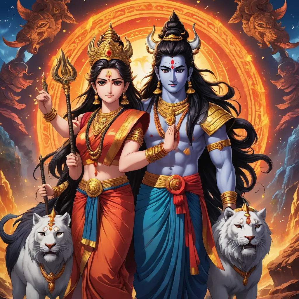 a painting of two people standing next to each other with a cat on their lap and a tiger on their shoulder, bengal school of art, a detailed painting, Ella Guru, official art
