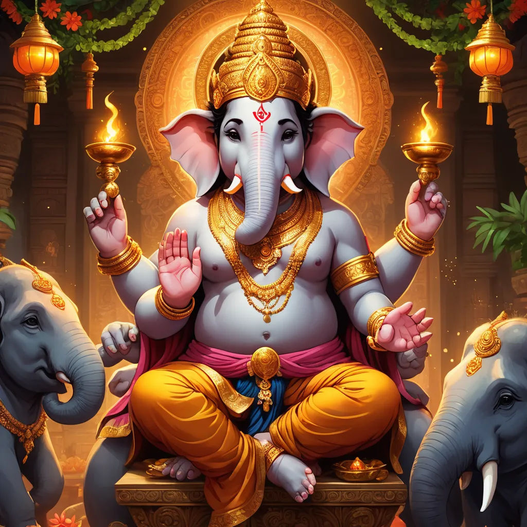 a painting of a ganeshi with three elephants around it and a man holding a candle in his hand, samikshavad, a detailed painting, Ella Guru, divinity