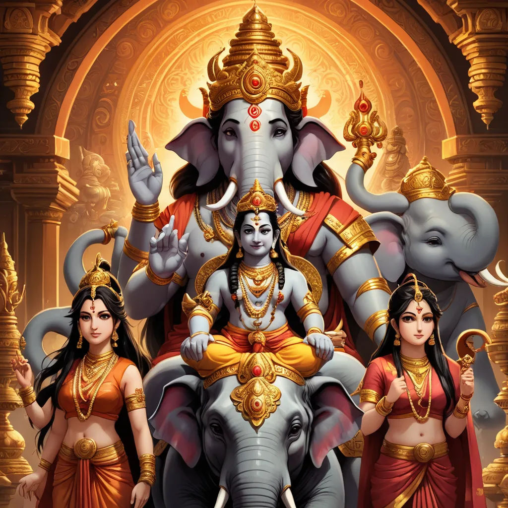 a painting of a god sitting on top of a elephant with two women standing next to him and a man standing behind him, samikshavad, a detailed painting, Ella Guru, divine