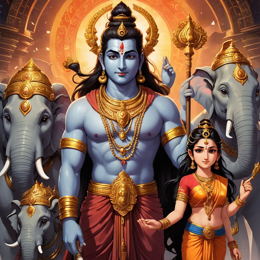a painting of a man and woman standing next to elephants and elephants with a sun behind them and a man holding a staff, samikshavad, a detailed painting, Ella Guru, official art