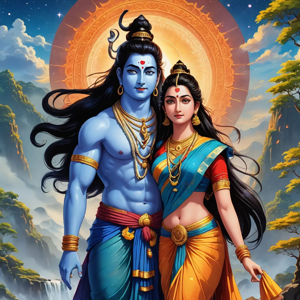 a painting of a couple in a forest with a sun behind them and a mountain in the background with trees, bengal school of art, a detailed painting, Ella Guru, official art