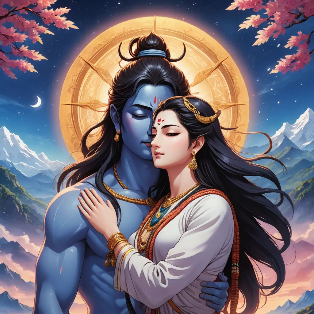 a painting of a couple embracing in front of a full moon and mountains with trees in the background and a full moon behind them, fantasy art, a detailed painting, Cyril Rolando, official art