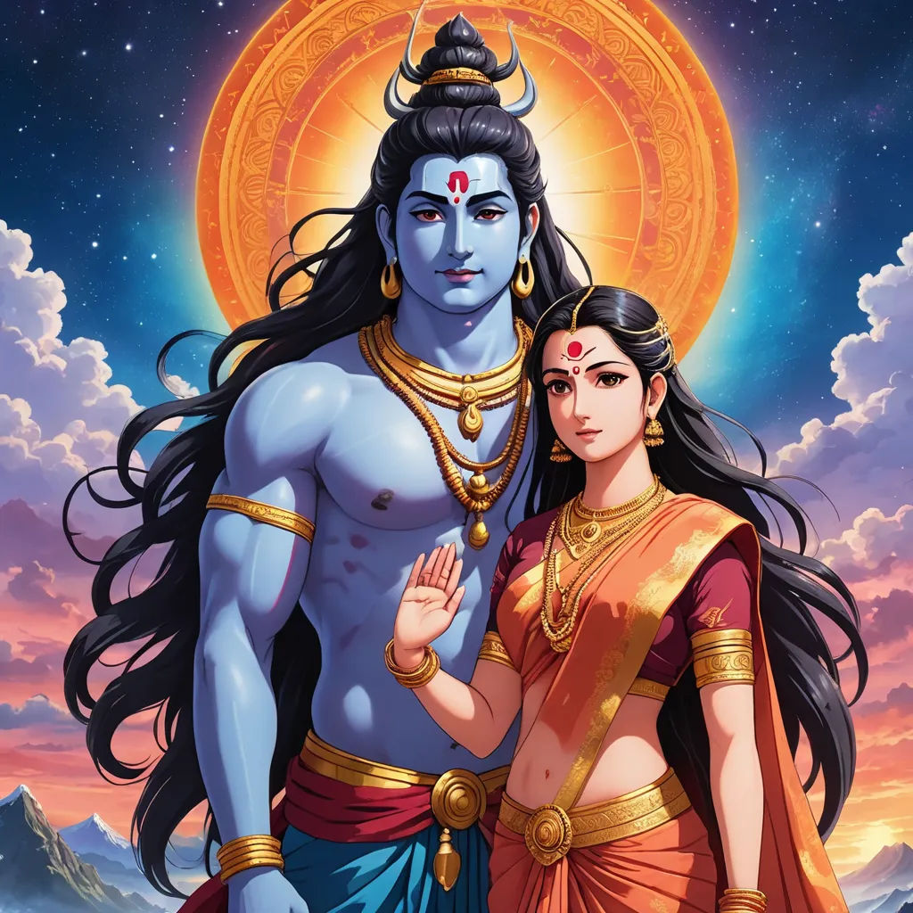 a painting of a man and woman standing next to each other in front of a sunset sky with clouds, samikshavad, a detailed painting, Ella Guru, official art