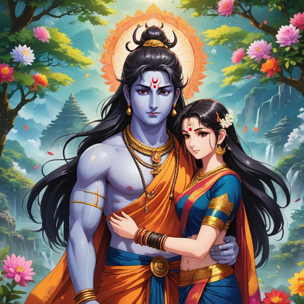 a painting of a couple in a forest with flowers on the ground and a sun behind them, with a woman hugging the man, bengal school of art, a detailed painting, Ella Guru, official art