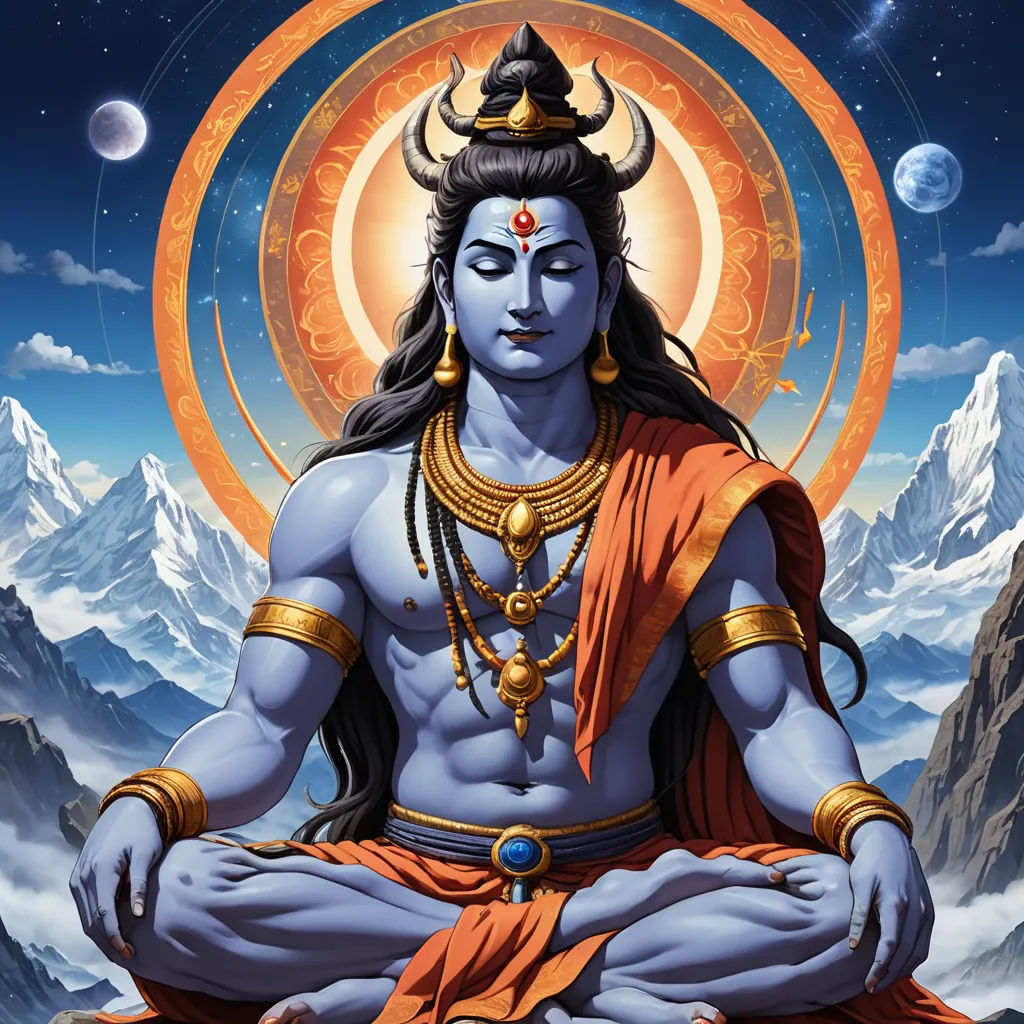 a painting of a man sitting in a lotus position with mountains in the background and a sun in the sky, samikshavad, digital art, Bholekar Srihari, official art
