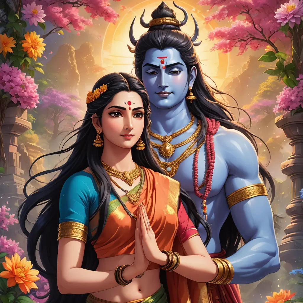 a painting of a couple in a forest with flowers and a sun behind them, with a man in the middle of the painting, samikshavad, a fine art painting, Ella Guru, official art