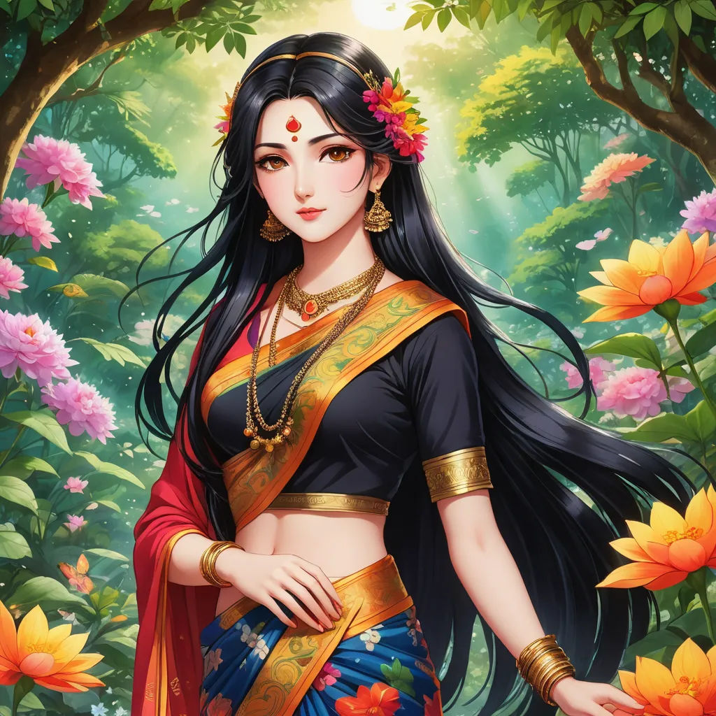 a woman in a colorful sari standing in a forest with flowers on her head and a flower in her hair, fantasy art, a detailed painting, Ella Guru, orientalism