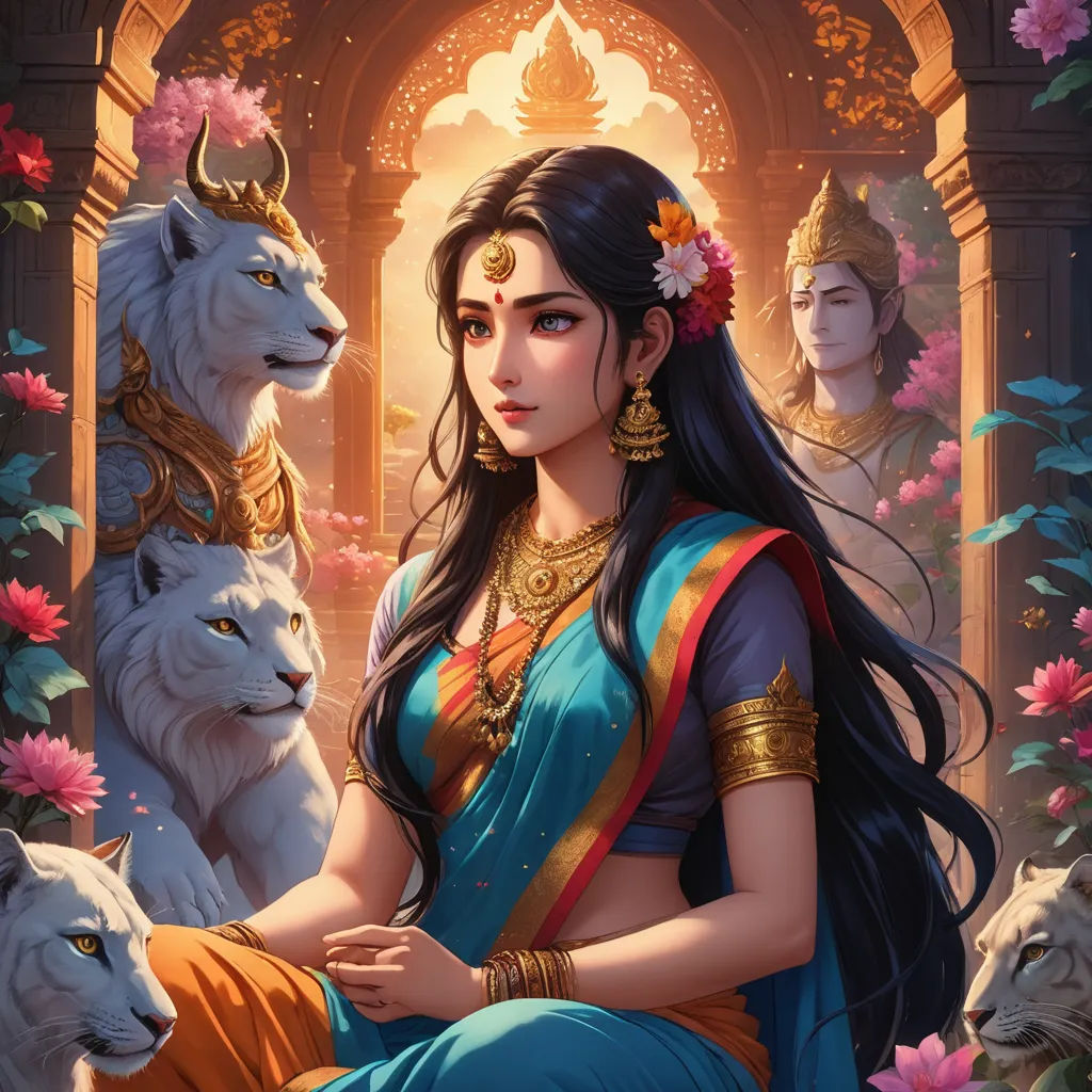 a woman sitting on a bench next to two white lions and a white tiger in a doorway with flowers, fantasy art, a detailed painting, Ella Guru, official art
