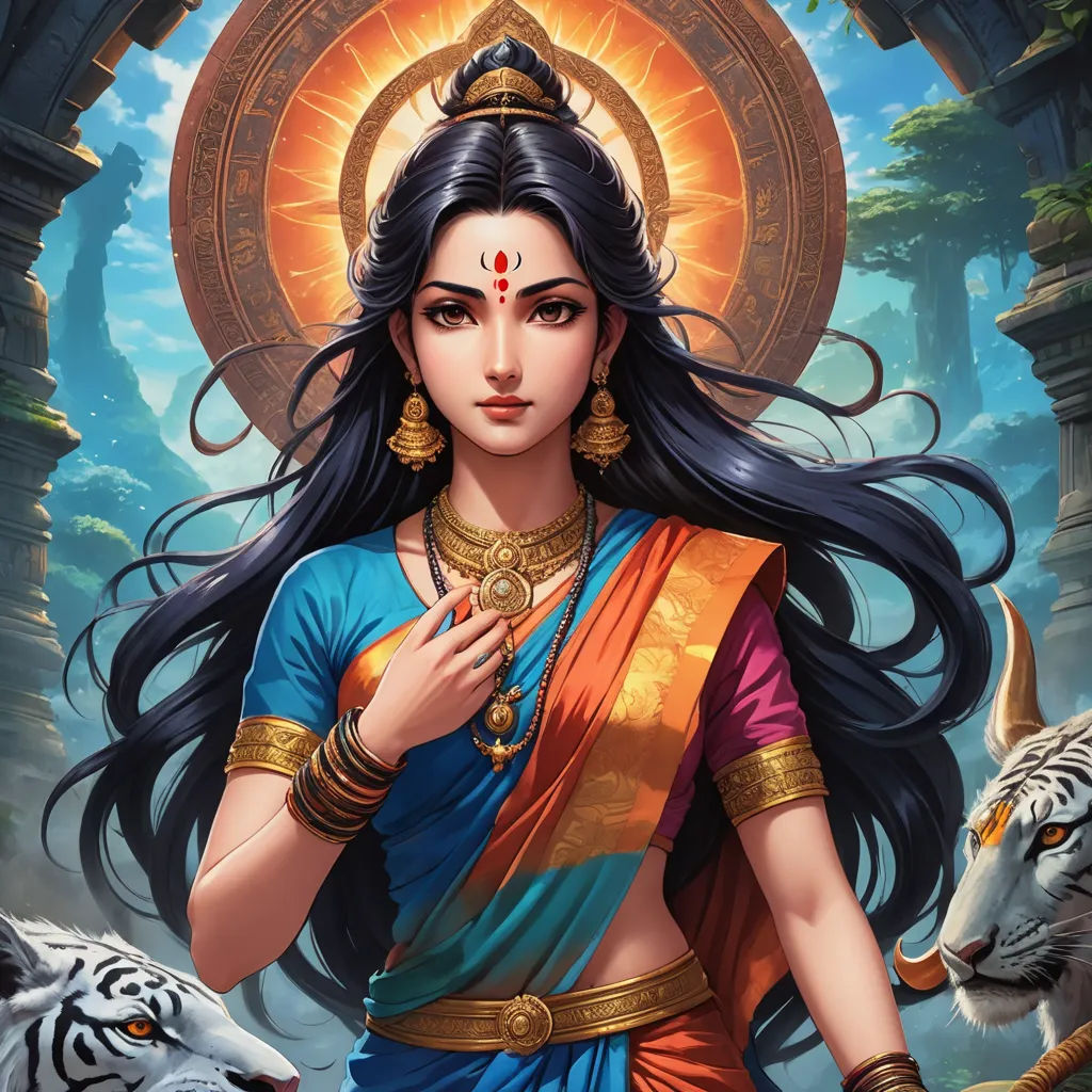 a woman in a blue and orange sari with a tiger in the background and a tiger in the foreground, bengal school of art, a detailed painting, Ella Guru, maya