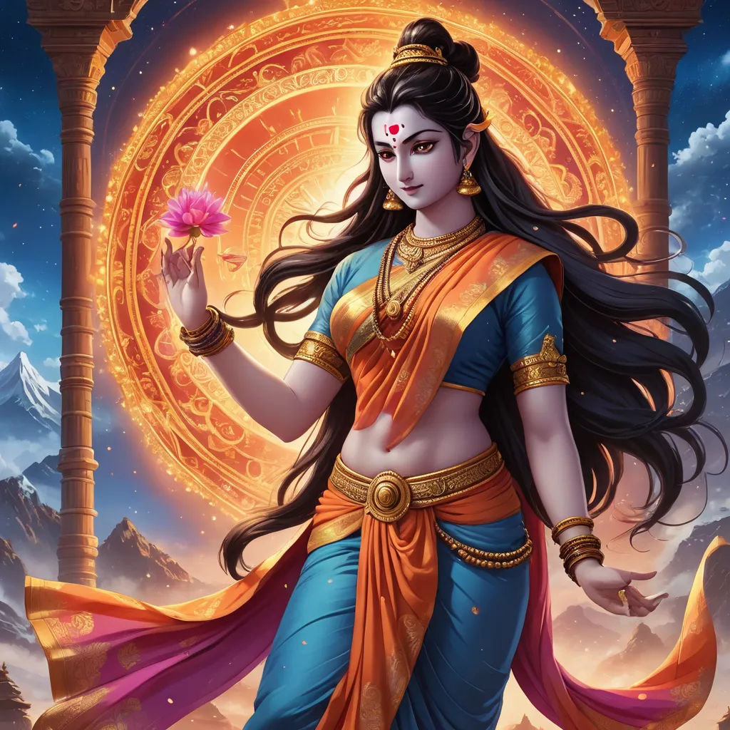 a woman in a blue and orange outfit holding a flower in her hand and a sun in the background, samikshavad, a detailed painting, Ella Guru, official art
