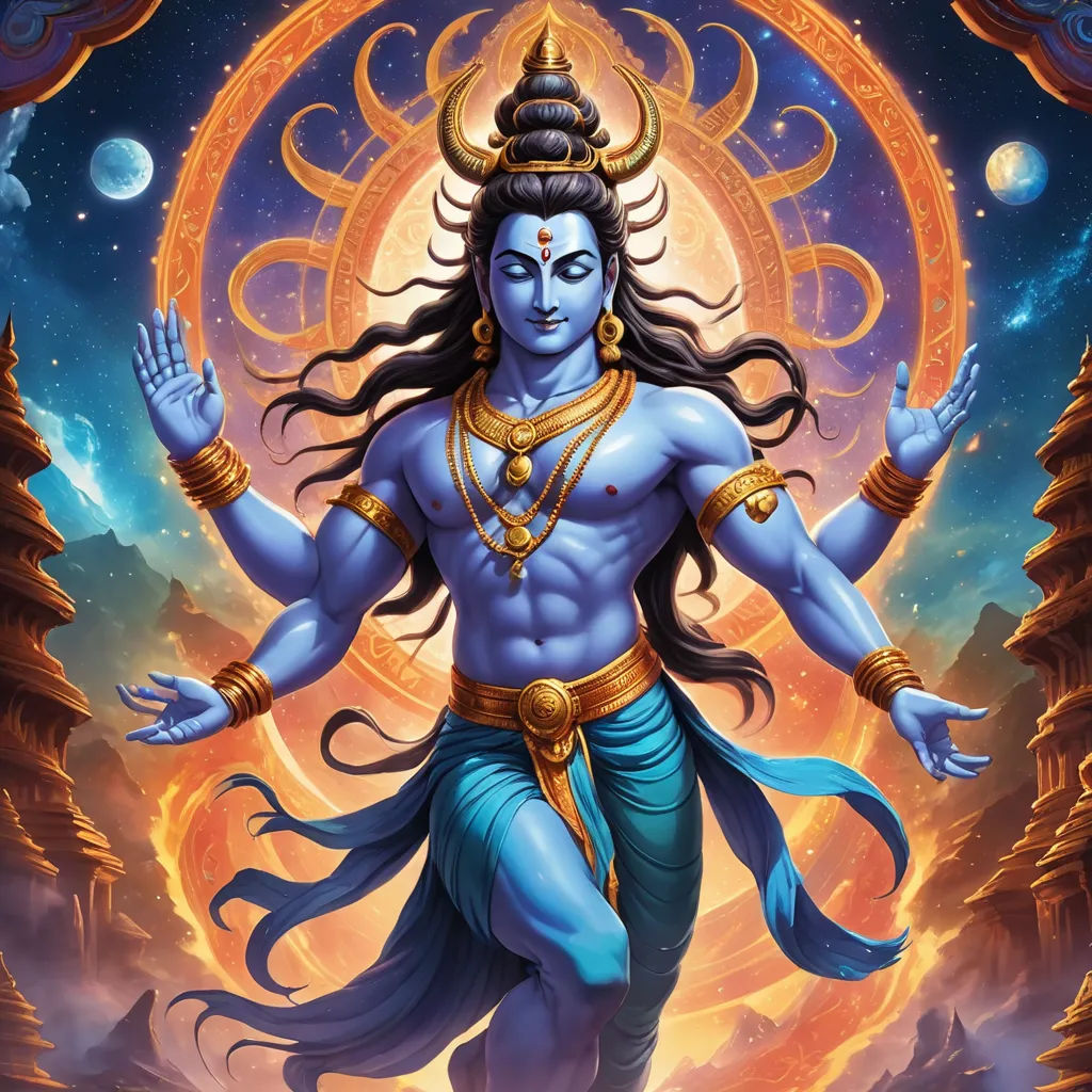 a painting of a hindu god with his hands in the air and a glowing circle behind him, in the background, samikshavad, a detailed painting, Bholekar Srihari, professional digital painting