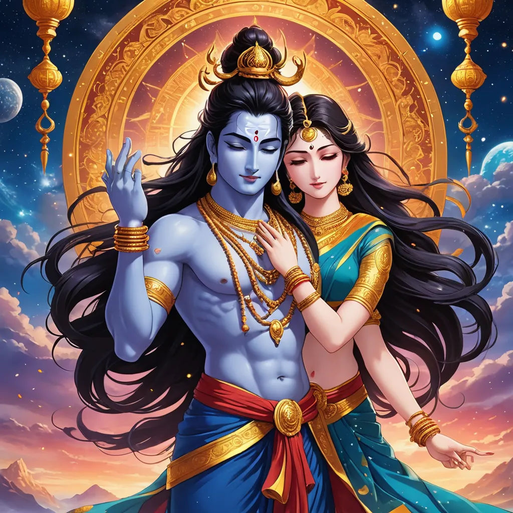 a painting of a couple embracing in front of a sky background with clouds and stars in the background, with a golden circle in the middle, bengal school of art, a detailed painting, Ella Guru, official art