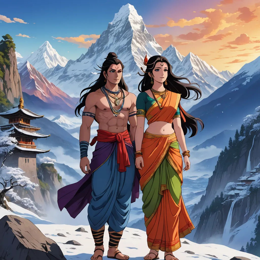 a couple of people standing on top of a snow covered mountain next to a mountain range with a snow covered mountain in the background, bengal school of art, a detailed matte painting, Christophe Vacher, official art
