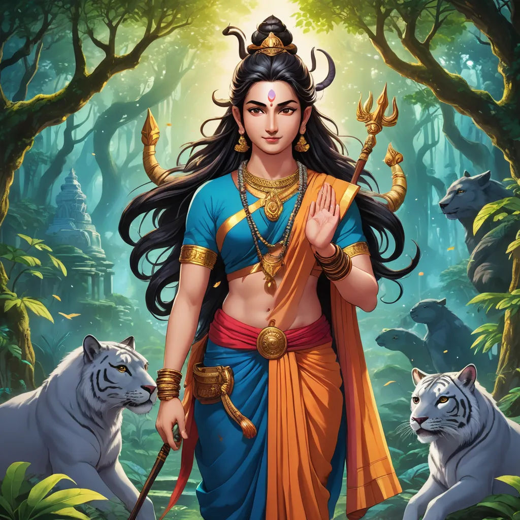 a painting of a woman in a forest with two white tigers and a tiger behind her, with a sun shining behind her, samikshavad, a detailed painting, Ella Guru, official art