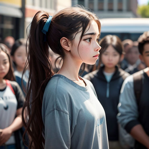 a girl with a ponytail standing in front of a crowd of people with a bus in the background and a bus in the foreground