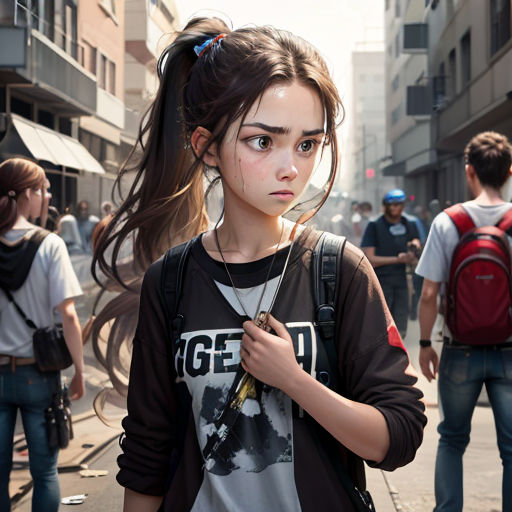 a girl with a ponytail walking down a street with other people in the background and a backpack on her shoulder
