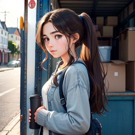 a woman standing next to a train holding a cup of coffee and a backpack on her shoulder, with a city street in the background