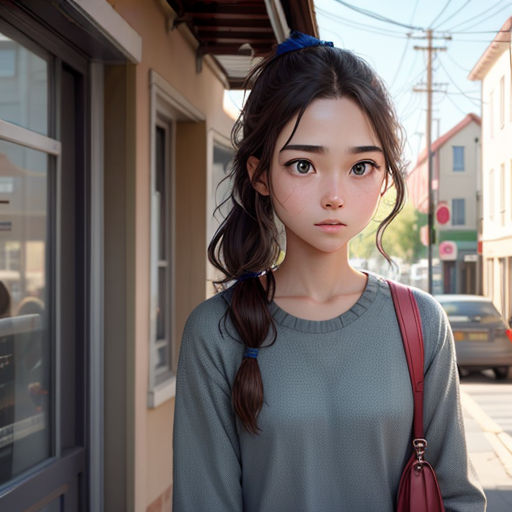 a girl with a ponytail standing in front of a store front window with a red purse on her shoulder
