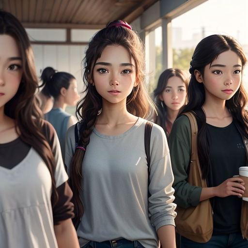 a group of young women standing next to each other in front of a building with a cup of coffee