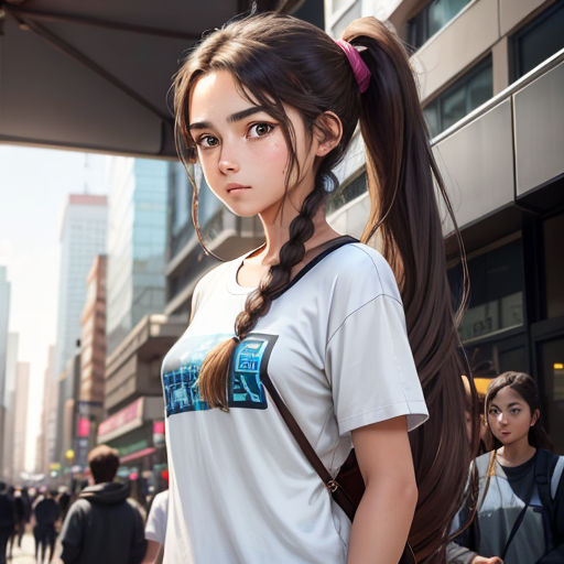 a girl with long hair standing in the street with a ponytail in her hair and a ponytail in her hair