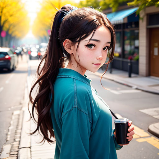 a woman with a ponytail holding a coffee cup on a street corner with cars parked on the side of the road