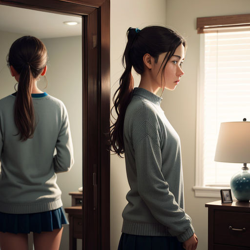 a woman standing in front of a mirror looking in the mirror and looking in the mirror at herself in the mirror