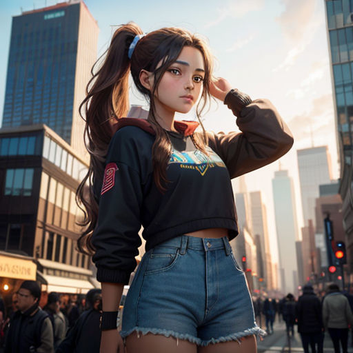 a woman in a black top and shorts standing on a street corner with a crowd of people behind her