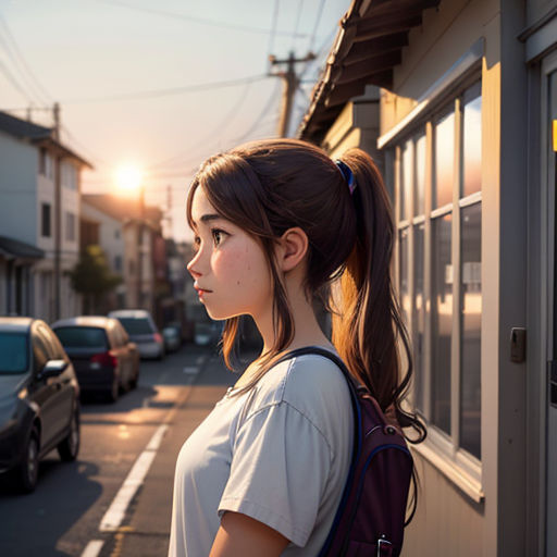 a girl standing on the side of a road next to a building with a window on it's side
