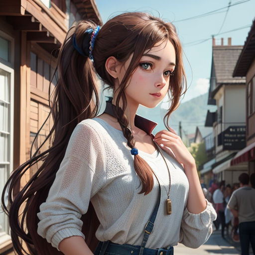 a woman with long hair standing on a street corner with a ponytail in her hair and a white sweater