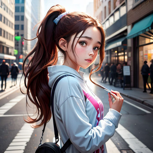 a girl with long hair is standing on the street with a handbag on her shoulder and a ponytail in her hair
