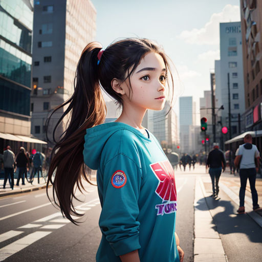 a girl standing on the side of a street next to a traffic light and buildings with people walking around